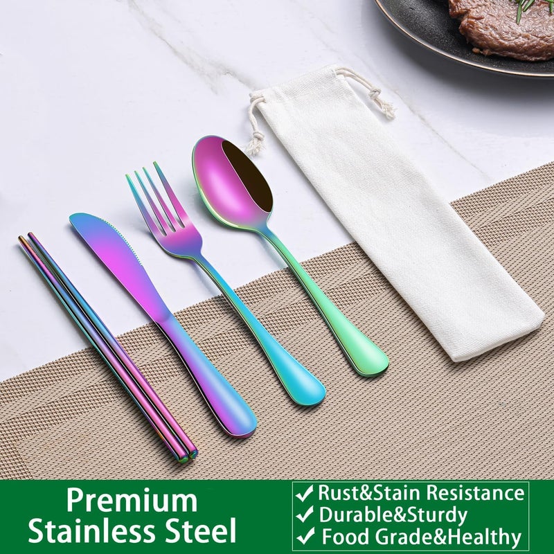 Dehov Rainbow Working Lunch Silveware Set,Reusable Travel Utensils Set With Case Includes Stainless Steel Chopsticks Knife Spoon And Fork,Camping Picnic Essentials - Image 3
